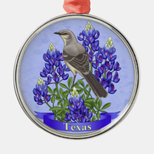 Texas State Mockingbird & Bluebonnet Flower Metal Ornament