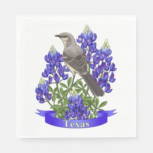 Texas State Mockingbird & Bluebonnet Flower Napkin (Front)