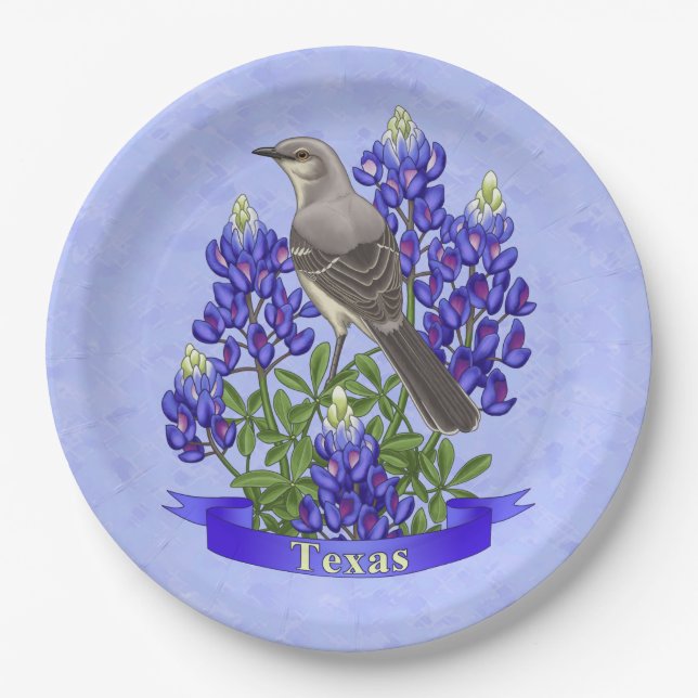 Texas State Mockingbird & Bluebonnet Flower Paper Plate (Front)