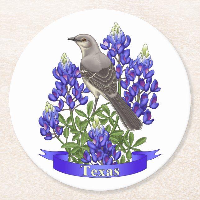 Texas State Mockingbird & Bluebonnet Flower Round Paper Coaster (Front)