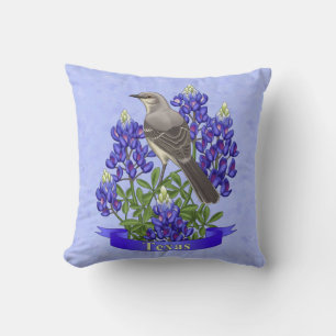 Texas State Mockingbird & Bluebonnet Flower Throw Pillow