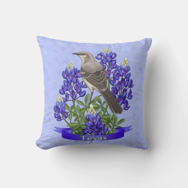Texas State Mockingbird & Bluebonnet Flower Throw Pillow (Front)