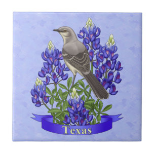 Texas State Mockingbird & Bluebonnet Flower Tile