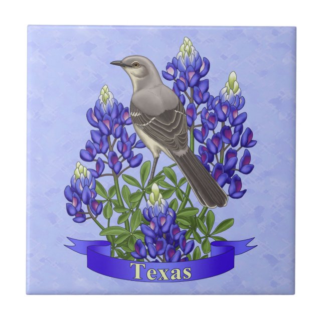 Texas State Mockingbird & Bluebonnet Flower Tile (Front)