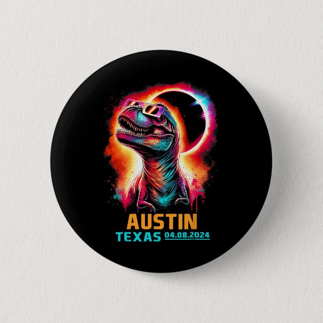 Texas Total Solar Eclipse 2024 T Rex Dinosaur  2 Inch Round Button (Front)