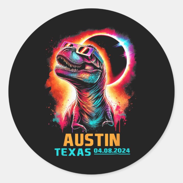 Texas Total Solar Eclipse 2024 T Rex Dinosaur  Classic Round Sticker (Front)