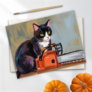 Texas Tuxedo Cat Chainsaw Massacre Funny Halloween Holiday Card