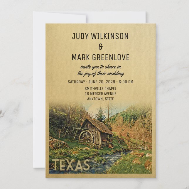 Texas Wedding Invitation Rustic Cabin Mill (Front)