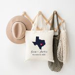 Texas Wedding Welcome Tote Bag<br><div class="desc">Welcome out of town wedding guests with a bag full of snacks and treats personalized with the state where you're getting married and the bride and groom's names and wedding date. Click Customize It to move the heart to show any city or location on the state map. Use the design...</div>