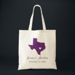 Texas Wedding Welcome Tote Bag<br><div class="desc">Welcome out of town wedding guests with a bag full of snacks and treats personalized with the state where you're getting married and the bride and groom's names and wedding date. Click Customize It to move the heart to show any city or location on the state map. Use the design...</div>