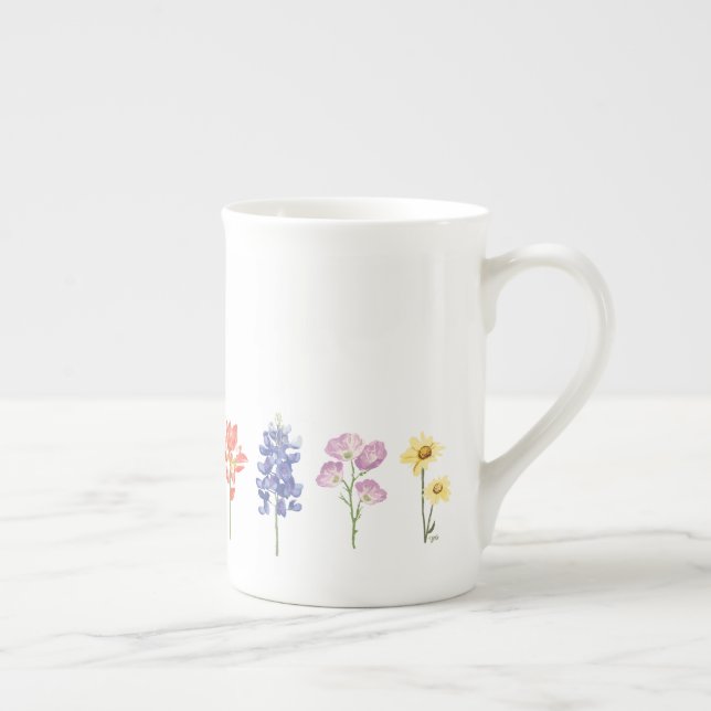 Texas Wild Flowers - Indian Paintbrush, Bluebonnet Bone China Mug (Right)
