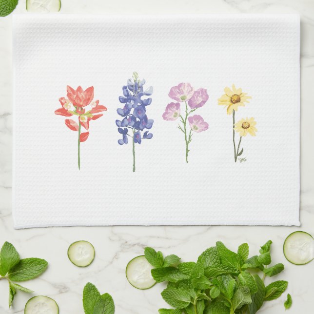 Texas Wild Flowers - Indian Paintbrush, Bluebonnet Kitchen Towel (Folded)
