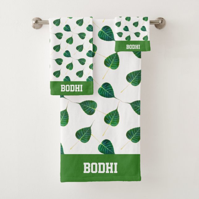 Text and Green Bodhi Leaves on White Bath Towel Set (Insitu)