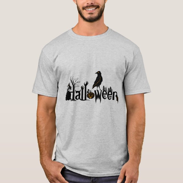 Text & Black Crow Halloween Illustration T-Shirt (Front)
