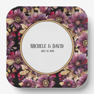 Text Black Gold Burgundy Floral pattern border  Paper Plate