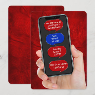 Text Bubbles for Birthday Party On Red Leather Invitation