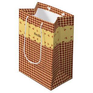 Text Customization Cherry Check Brown Medium Paper Gift Bag