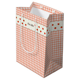 Text Customization STRAWBERRY Check Orange Medium  Gift Bag