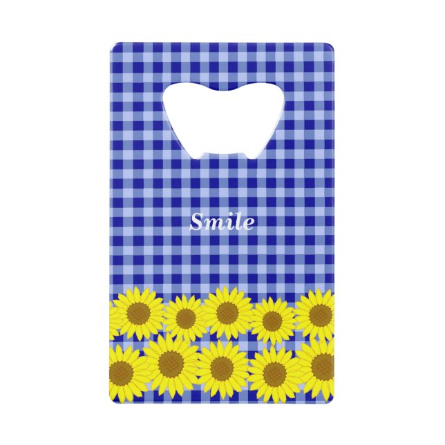 Text Customization Sunflower Check Navy Credit Card Bottle Opener (Front)