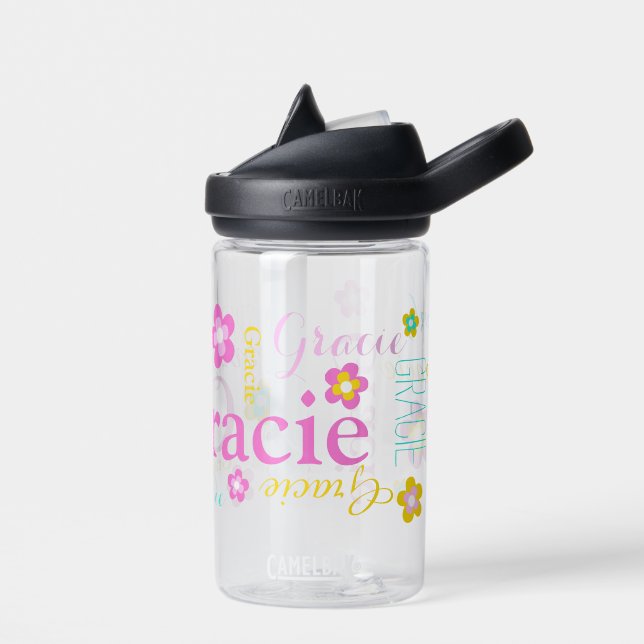Text flowers girls name Gracie pink yellow aqua Water Bottle (Left)