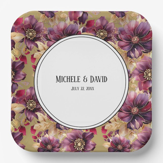 Text on Gold Burgundy Floral pattern border  Paper Plate (Front)