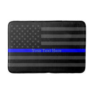 Text on Thin Blue Line Custom Grey US Flag Bath Mat