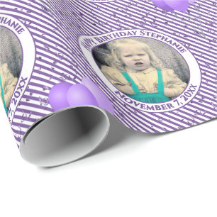 Text.Photo Purple/White Simple Stripes Pattern Wrapping Paper