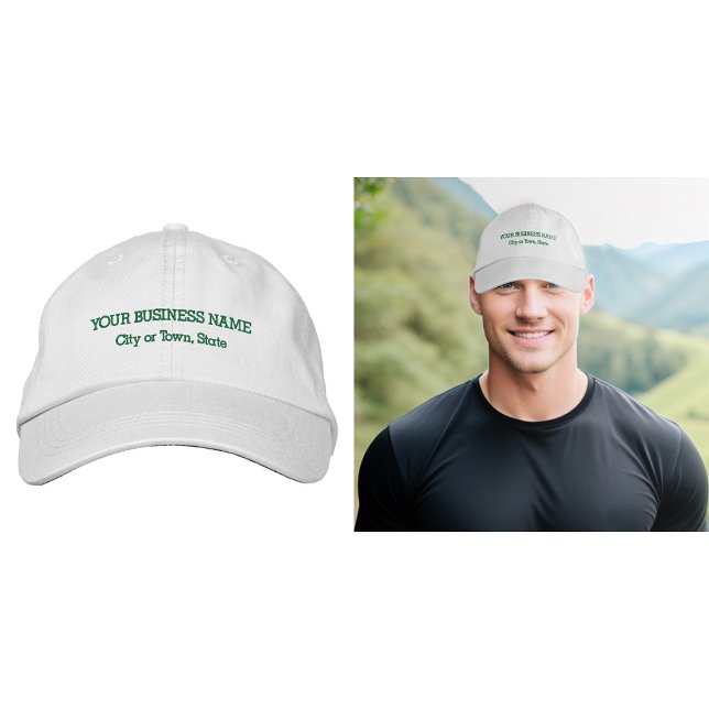Texte d'entreprise verte brodé sur le Casquette (Business name and location embroidered on cap in green thread)