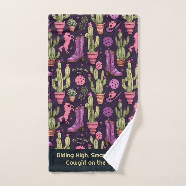Texte personnalisé 🐴 🌵 Pickleball Cowgirl servie (Serviette à main)