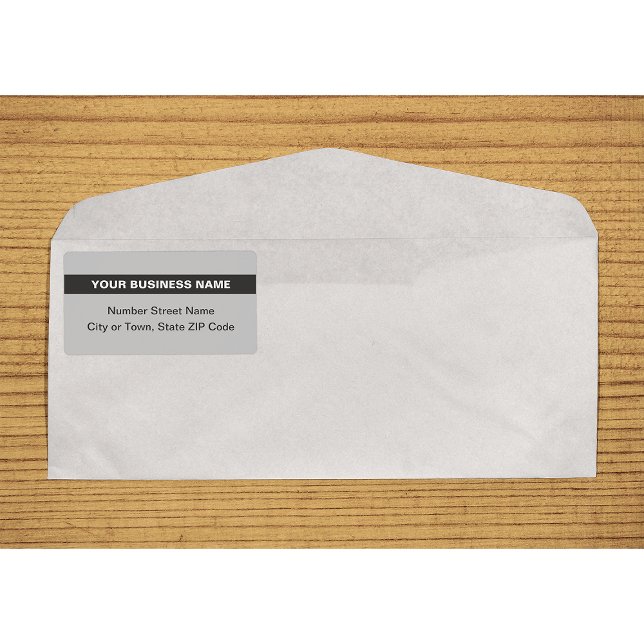 Texte simple avec étiquette d'expédition surlignée (Plain text gray shipping label with your highlighted business name on envelope)
