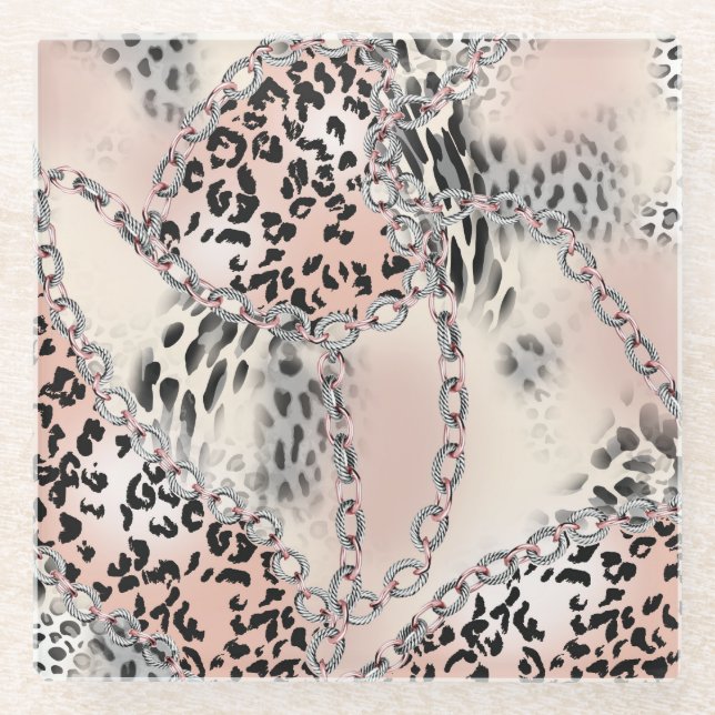 Textile Leopard: Floral Chain Pattern. Glass Coaster (Front)