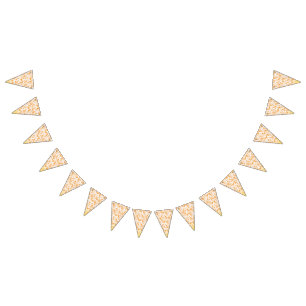 Textile pattern featuring a vibrant orange and gol bunting flags