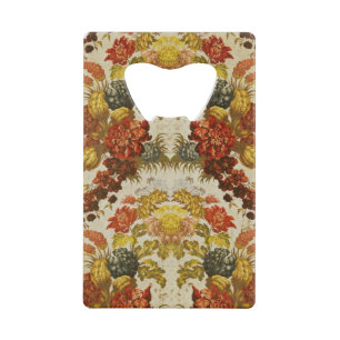 Textile with a repeating floral pattern credit card bottle opener