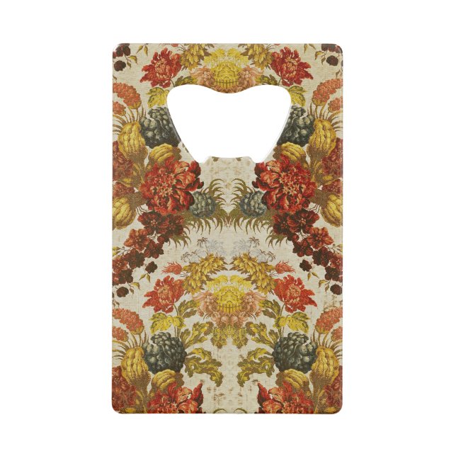 Textile with a repeating floral pattern credit card bottle opener (Front)