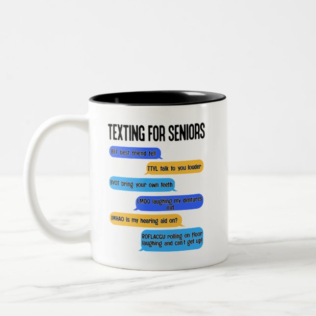Texting for Seniors Funny Retirement Text Code Two-Tone Coffee Mug (Left)