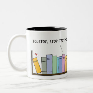 Texting on The Bookshelf black Two-Tone Coffee Mug