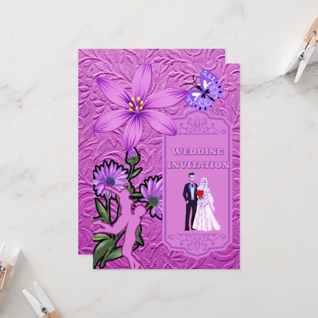 Texture florale rose Faire-part de mariage islamiq (Devant/Arrière en situation)