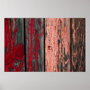 Texture of old wooden fence painted in red and ora poster