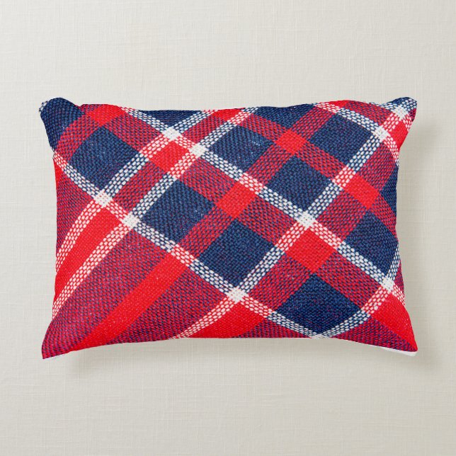 Texture of red and blue a checkered woolen fabric accent pillow (Front)