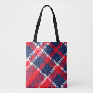Texture of red and blue a chequered woollen fabric tote bag