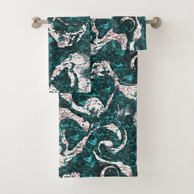 Texture of white spots mixed in aquamarine to cyan bath towel set (Insitu)