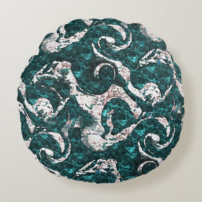 Texture of white spots mixed in aquamarine to cyan round pillow (Front)
