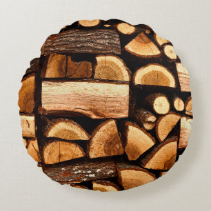 Texture. Pile of chopped fire wood stored, winterw Round Pillow