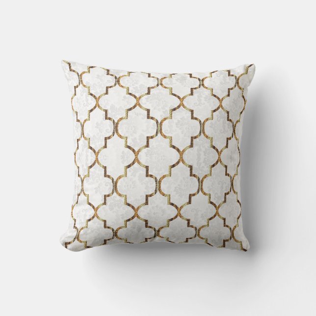 Texture White & Gold Quatrefoil Pattern Throw Pillow (Front)