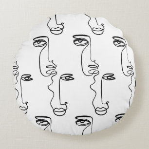 Texture with abstract faces. One continuous line p Round Pillow