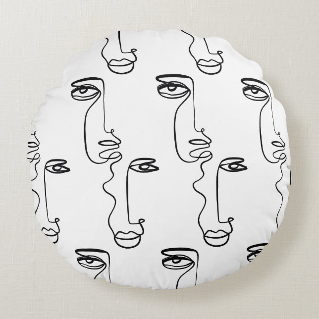 Texture with abstract faces. One continuous line p Round Pillow (Front)