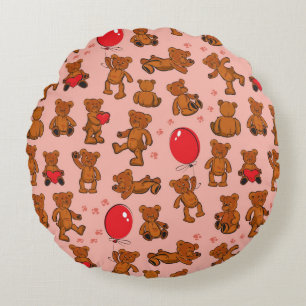 Texture With Teddy Bears, Hearts Round Pillow