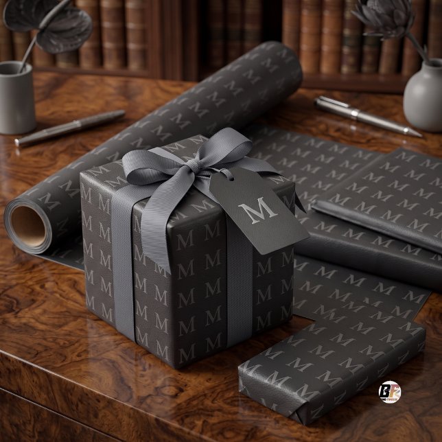 Textured Black Faux Leather Monogram Pattern Wrapping Paper (Creator Uploaded)