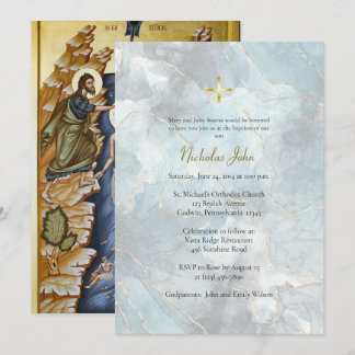 Textured Blue Marble Gold Lines Orthodox Baptism Invitation