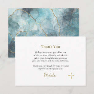Textured Blue Marble Gold Lines Orthodox Baptism Thank You Card